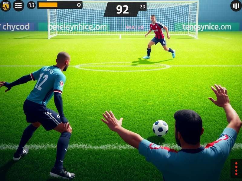 Penalty Shooters 2 gameplay screenshot showing a striker taking a penalty kick