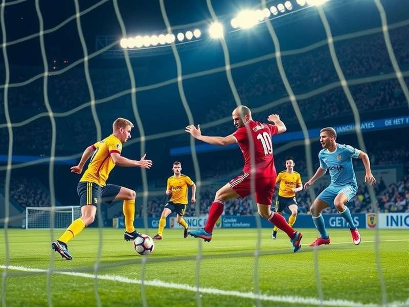 Digital illustration of a soccer player taking a penalty kick in a vibrant stadium