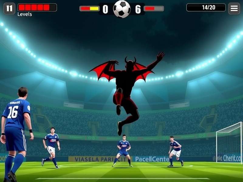Penalty Shooters 2 Devil Level gameplay screenshot showing goalkeeper positioning