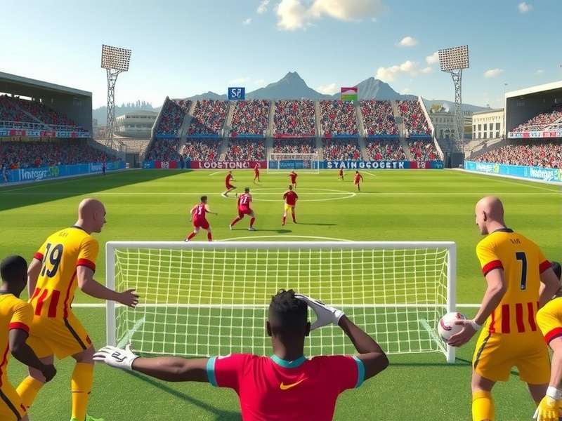 Digital illustration of a penalty kick scene from a soccer video game