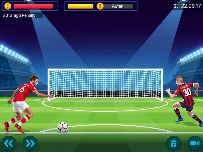 Penalty Shooters 1 gameplay screenshot showing a striker aiming at the goal