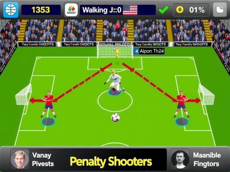 Screenshot of Penalty Shooters 1 gameplay on Crazy Games showing a striker taking a penalty