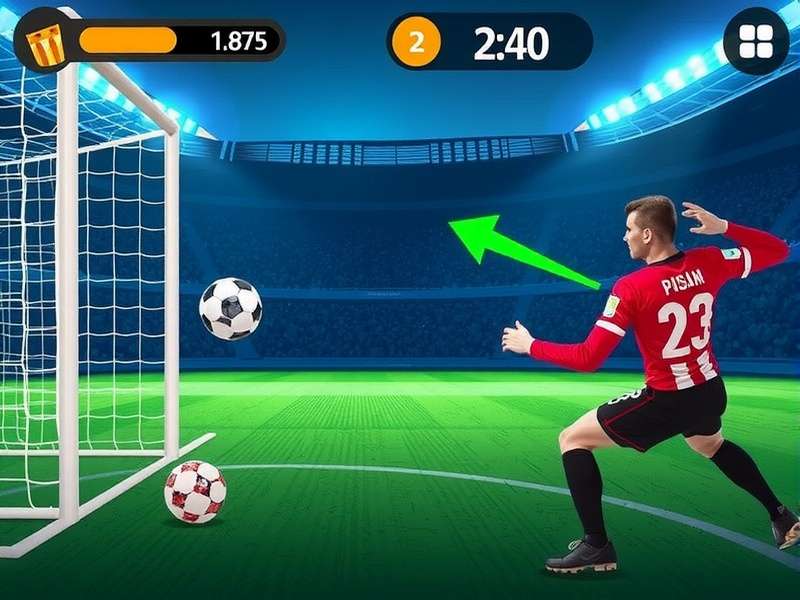 Penalty Shooters 4 gameplay action shot with player taking a penalty kick in a packed stadium